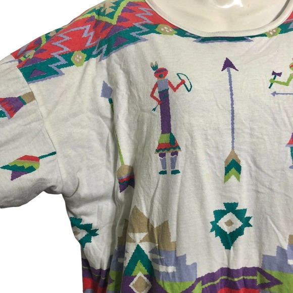 Vintage 90s Puffy Sweatshirt Top Teal Green Purple Southwest Kachina - Picture 7 of 8